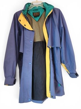 Vintage 90s Eddie Bauer Blue Raincoat with Yellow Trim Size M